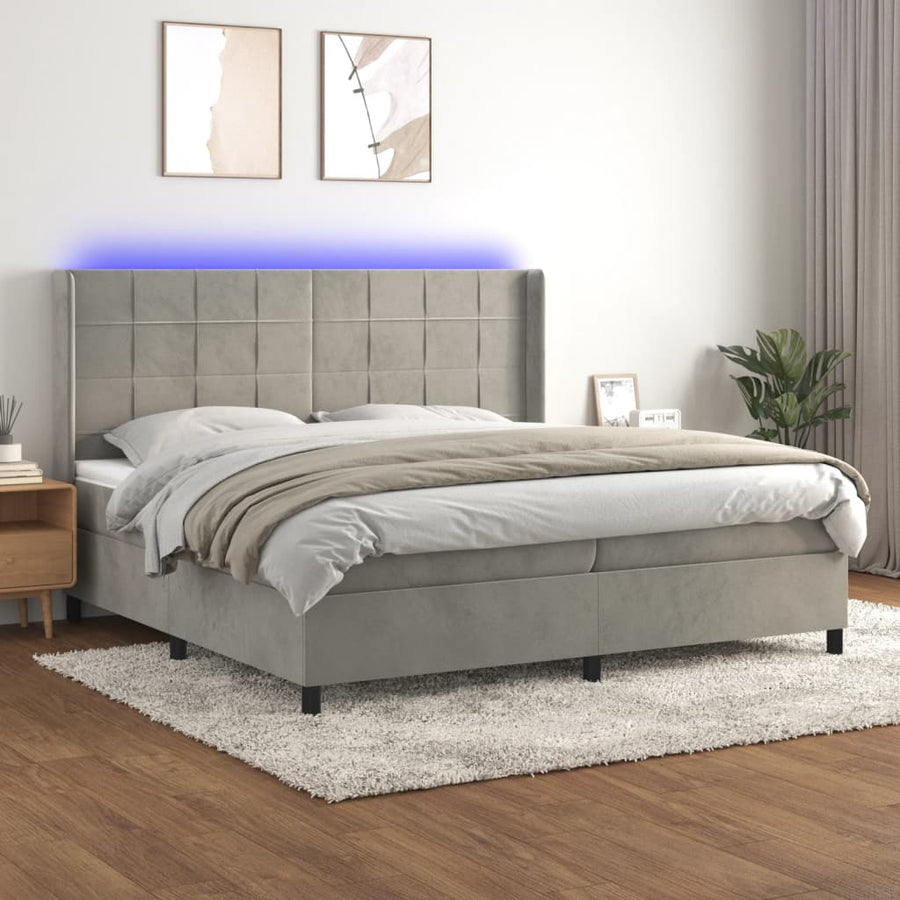 Boxspring Met Matras En Led Fluweel Lichtgrijs 200 x 200 cm Blok met vierkanten
