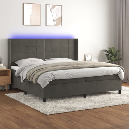 Boxspring Met Matras En Led Fluweel Donkergrijs 200 x 200 cm Blok met vierkanten