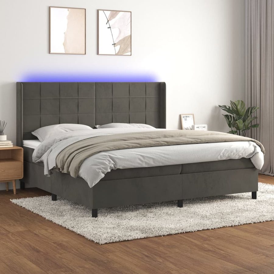 Boxspring Met Matras En Led Fluweel Donkergrijs 200 x 200 cm Blok met vierkanten