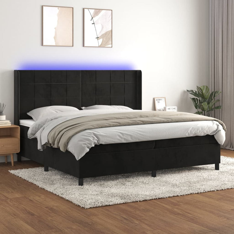 Boxspring Met Matras En Led Fluweel Zwart 200 x 200 cm Blok met vierkanten