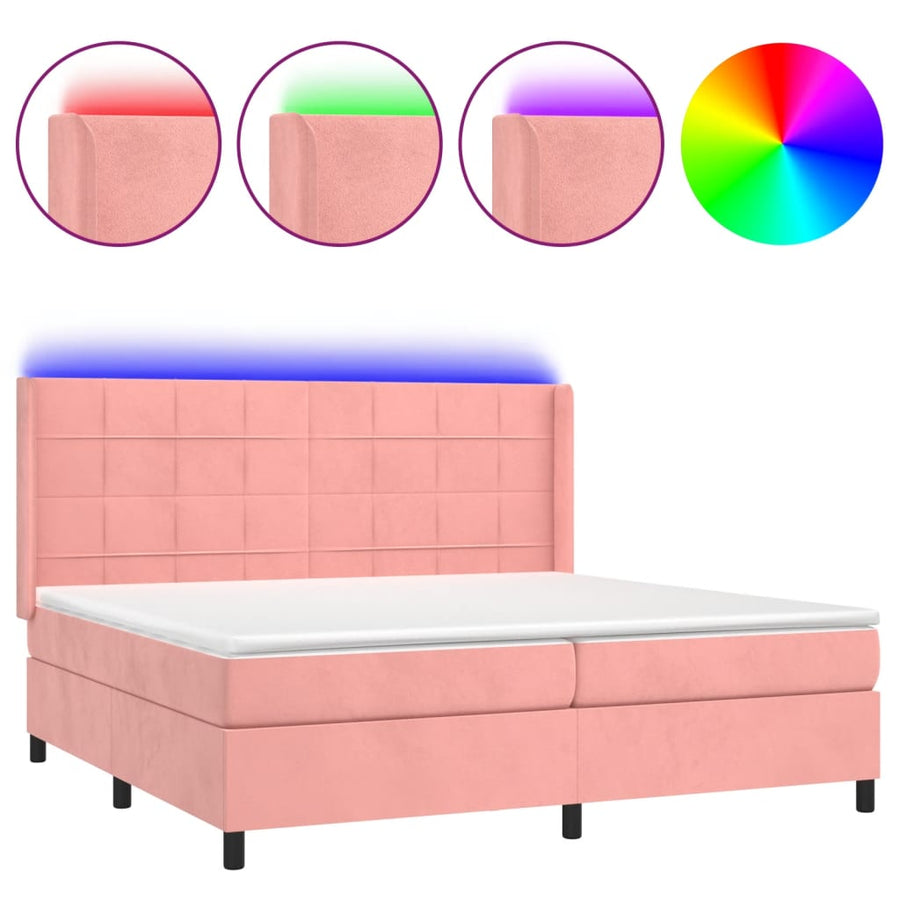 Boxspring Met Matras En Led Fluweel Roze 200 x 200 cm Blok met vierkanten
