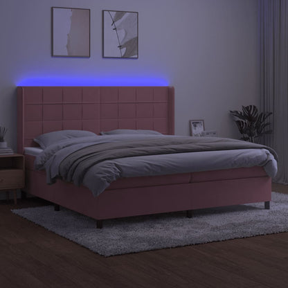 Boxspring Met Matras En Led Fluweel Roze 200 x 200 cm Blok met vierkanten