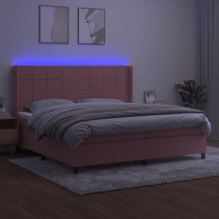 Boxspring Met Matras En Led Fluweel Roze 200 x 200 cm Blok met vierkanten