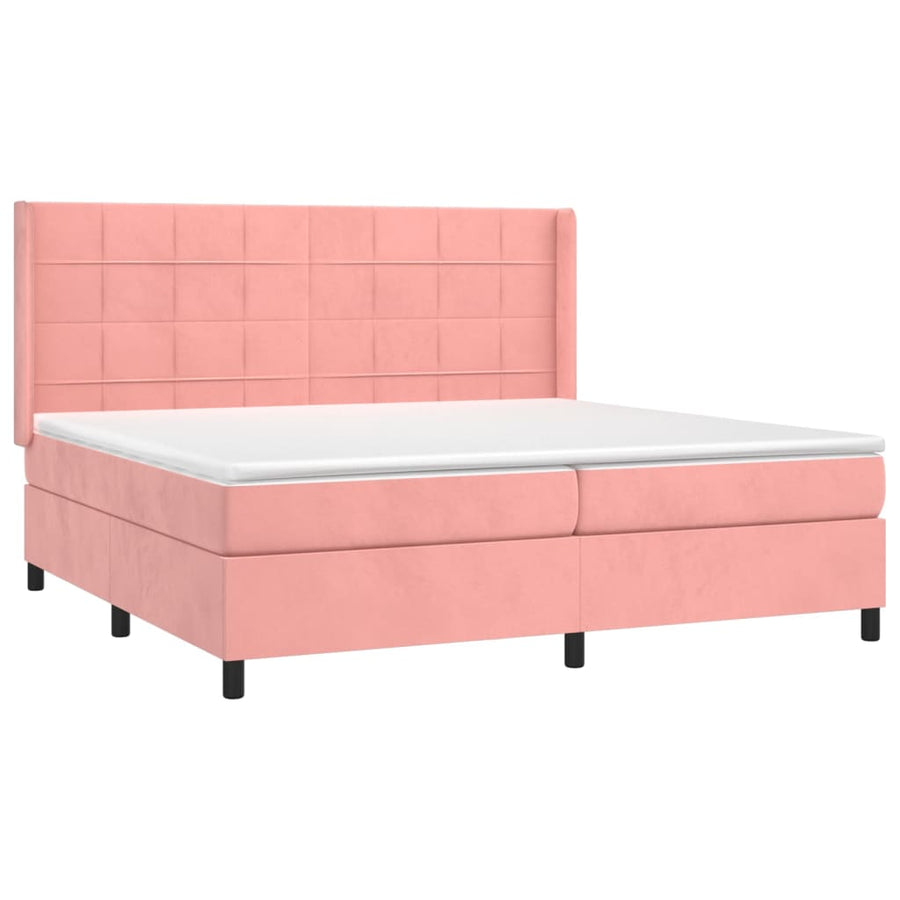 Boxspring Met Matras En Led Fluweel Roze 200 x 200 cm Blok met vierkanten