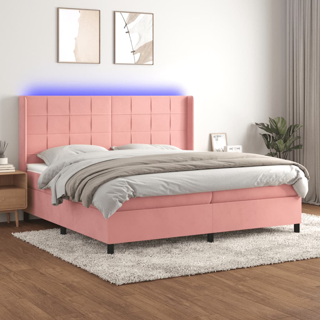 Boxspring Met Matras En Led Fluweel Roze 200 x 200 cm Blok met vierkanten