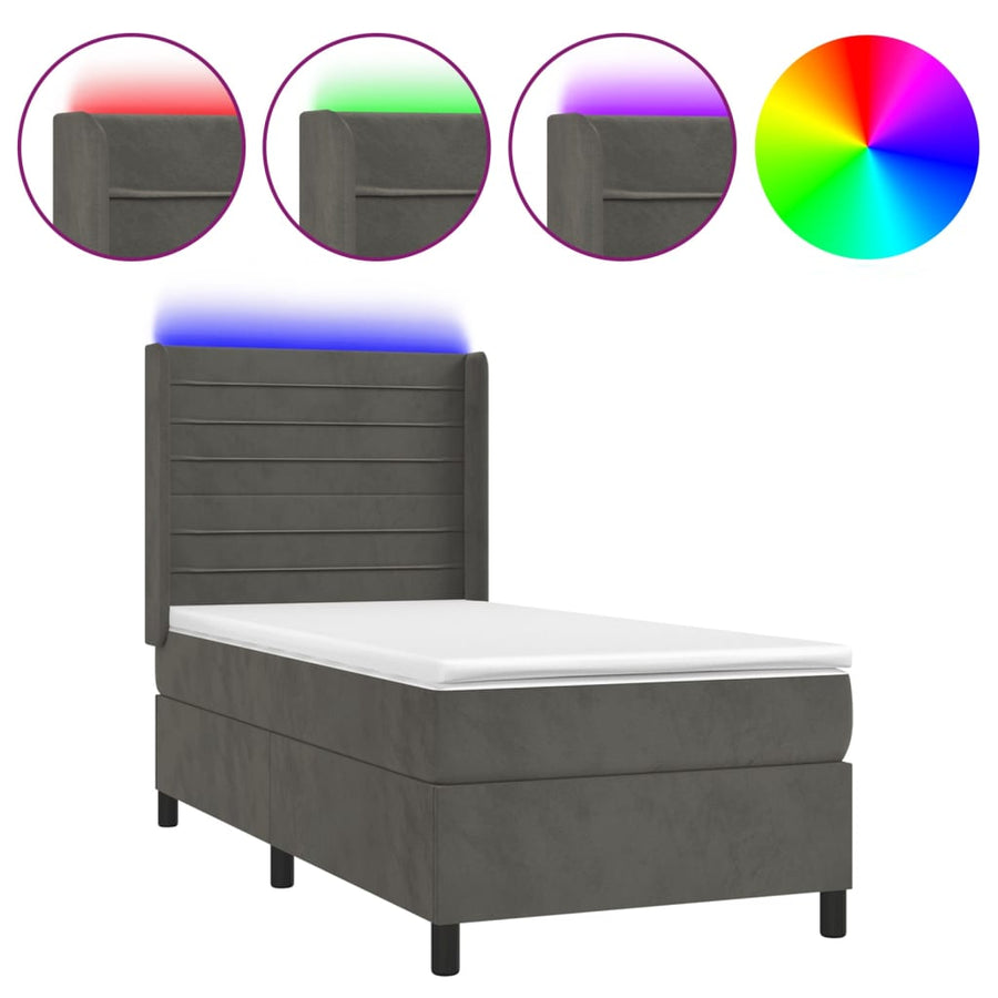 Boxspring Met Matras En Led Fluweel Donkergrijs 90 x 190 cm Horizontale strepen