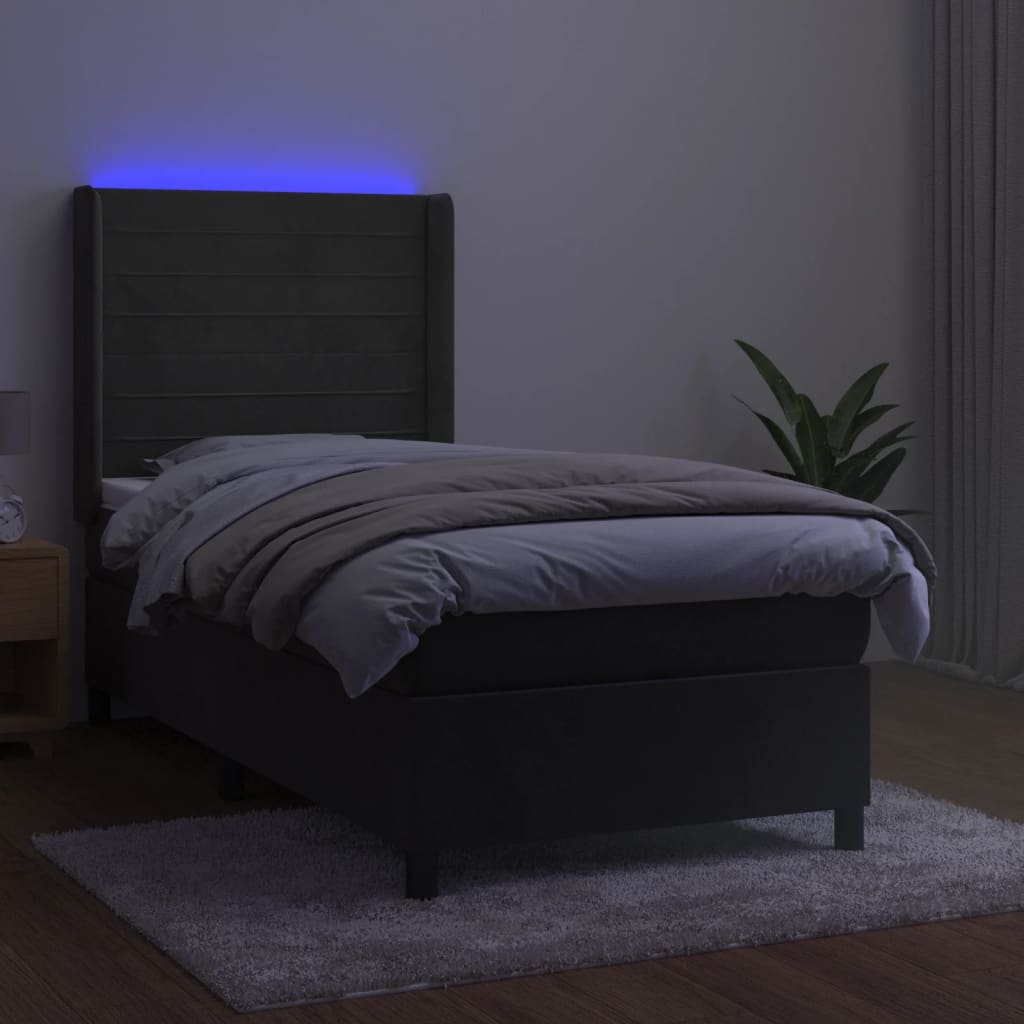 Boxspring Met Matras En Led Fluweel Donkergrijs 90 x 190 cm Horizontale strepen