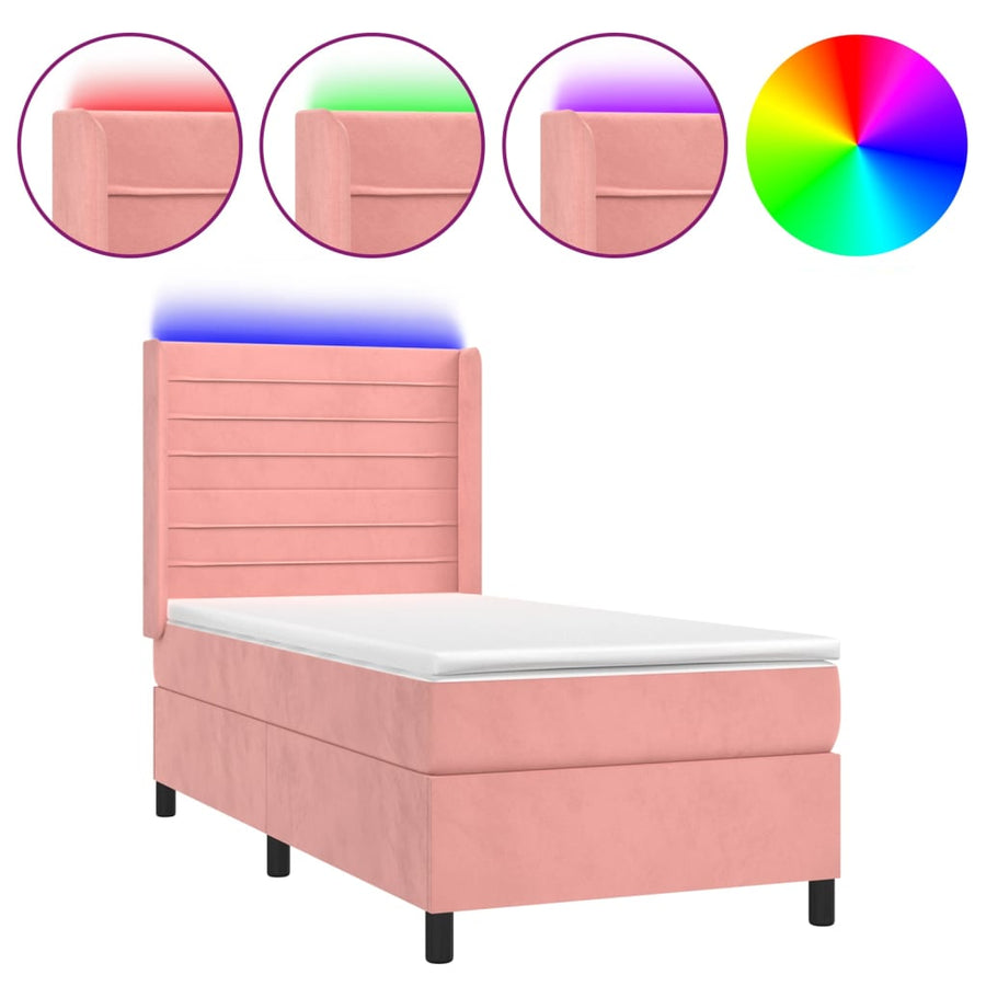 Boxspring Met Matras En Led Fluweel Roze 90 x 190 cm Horizontale strepen