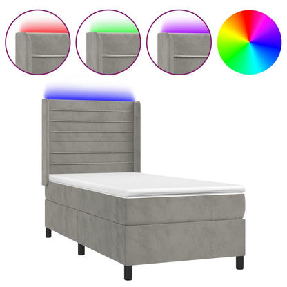 Boxspring Met Matras En Led Fluweel Lichtgrijs 90 x 200 cm Horizontale strepen
