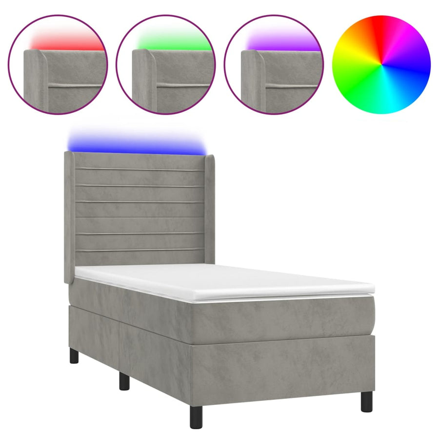 Boxspring Met Matras En Led Fluweel Lichtgrijs 90 x 200 cm Horizontale strepen