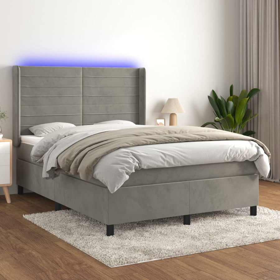 Boxspring Met Matras En Led Fluweel Lichtgrijs 140 x 190 cm Horizontale strepen