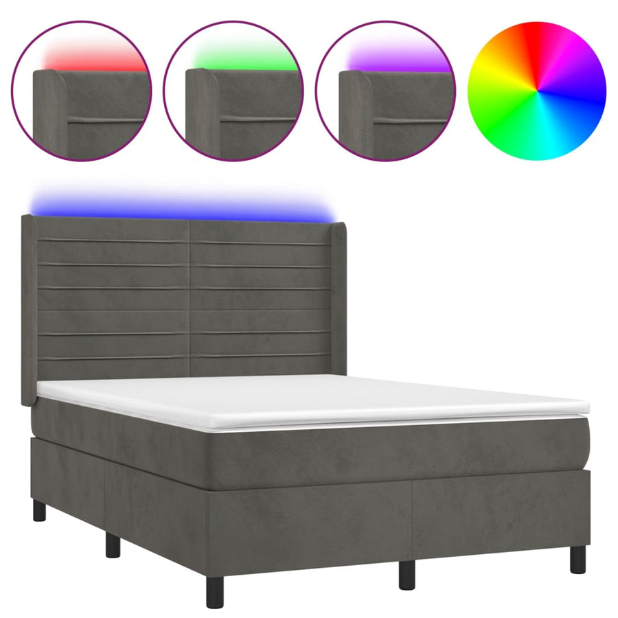 Boxspring Met Matras En Led Fluweel Donkergrijs 140 x 190 cm Horizontale strepen
