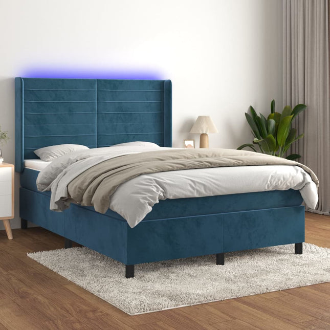 Boxspring Met Matras En Led Fluweel Donkerblauw 140 x 190 cm Horizontale strepen