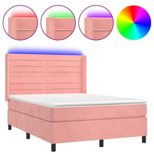 Boxspring Met Matras En Led Fluweel Roze 140 x 190 cm Horizontale strepen