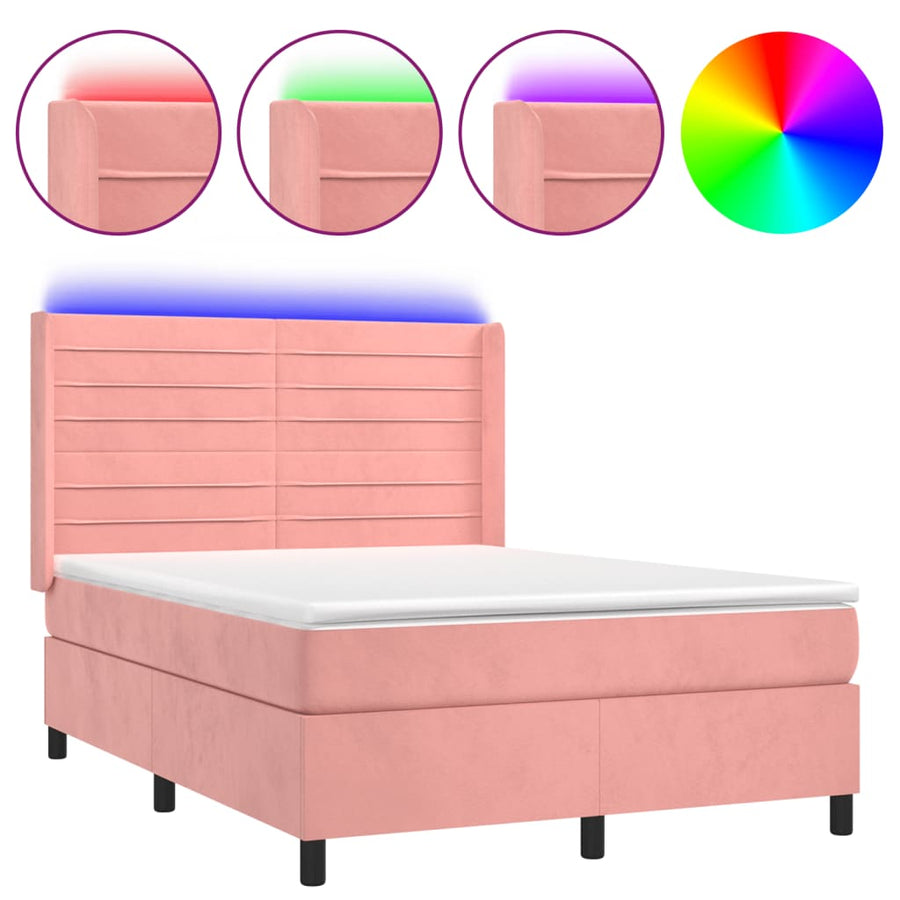 Boxspring Met Matras En Led Fluweel Roze 140 x 190 cm Horizontale strepen
