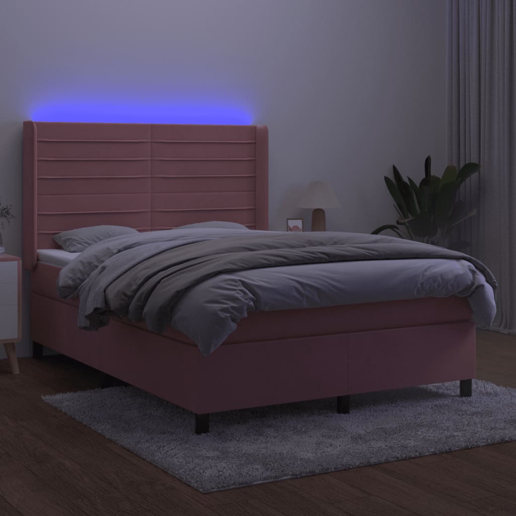 Boxspring Met Matras En Led Fluweel Roze 140 x 190 cm Horizontale strepen