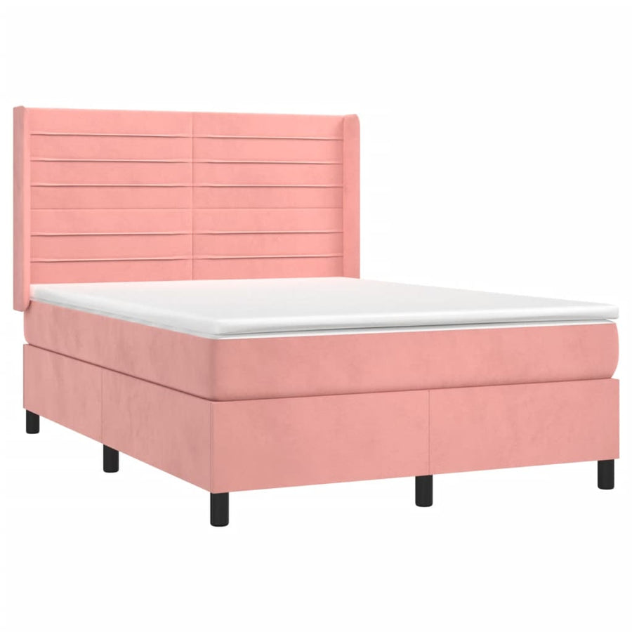 Boxspring Met Matras En Led Fluweel Roze 140 x 190 cm Horizontale strepen
