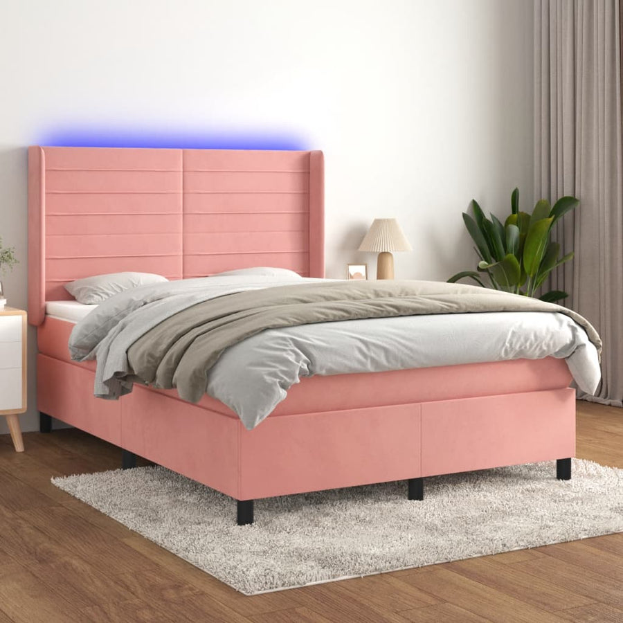 Boxspring Met Matras En Led Fluweel Roze 140 x 190 cm Horizontale strepen