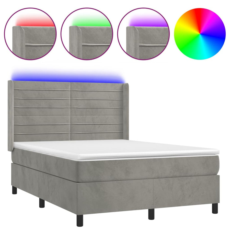 Boxspring Met Matras En Led Fluweel Lichtgrijs 140 x 200 cm Horizontale strepen