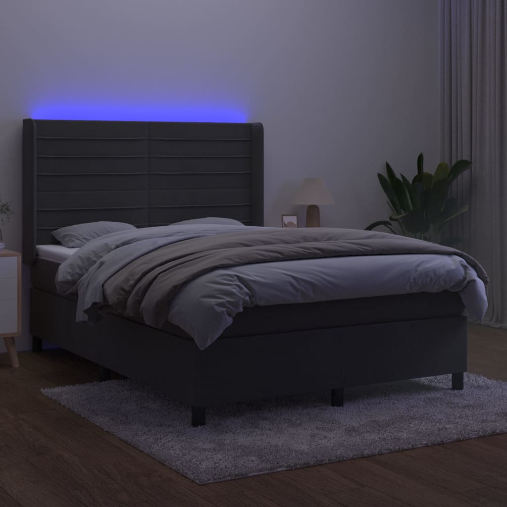 Boxspring Met Matras En Led Fluweel Donkergrijs 140 x 200 cm Horizontale strepen