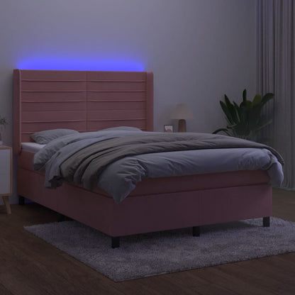 Boxspring Met Matras En Led Fluweel Roze 140X200 Cm Roze 140 x 200 cm Horizontale strepen