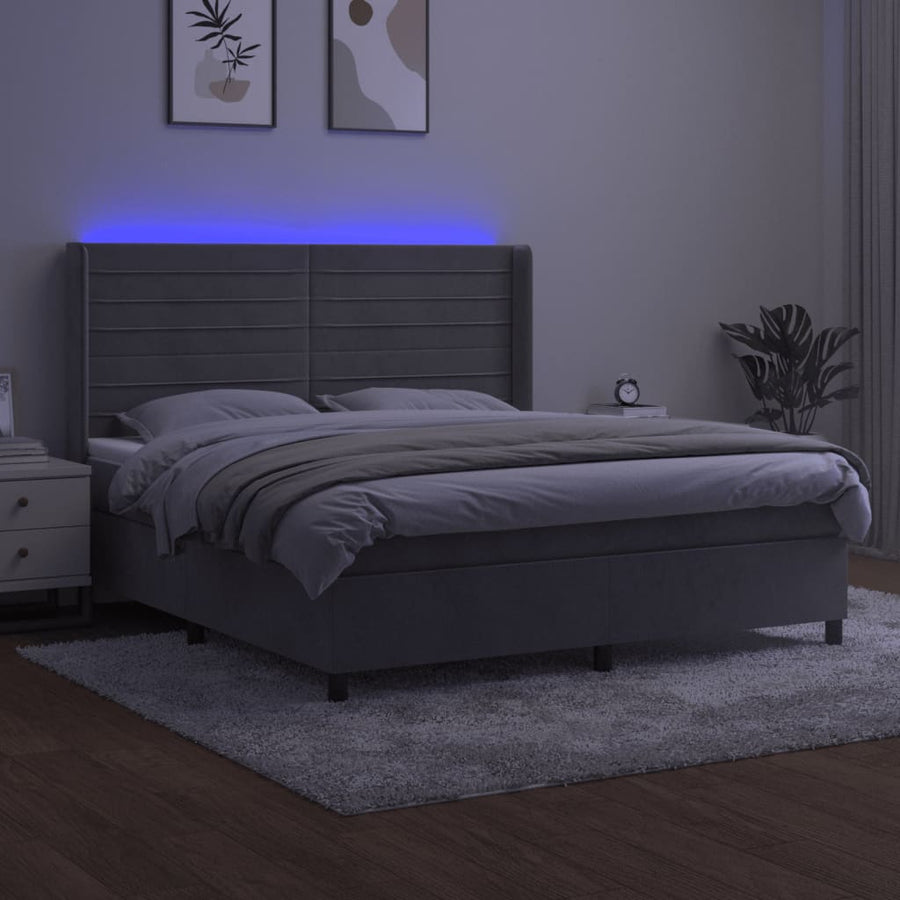 Boxspring Met Matras En Led Fluweel Lichtgrijs 160 x 200 cm Horizontale strepen