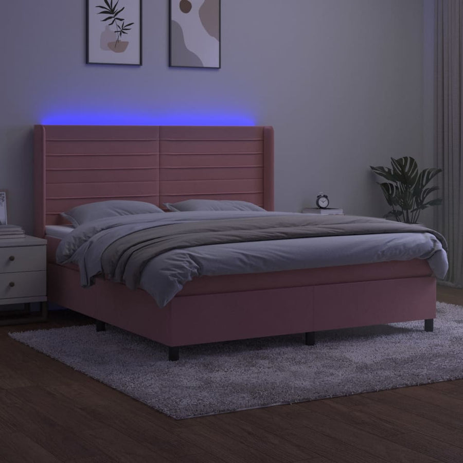 Boxspring Met Matras En Led Fluweel Roze 160 x 200 cm Horizontale strepen