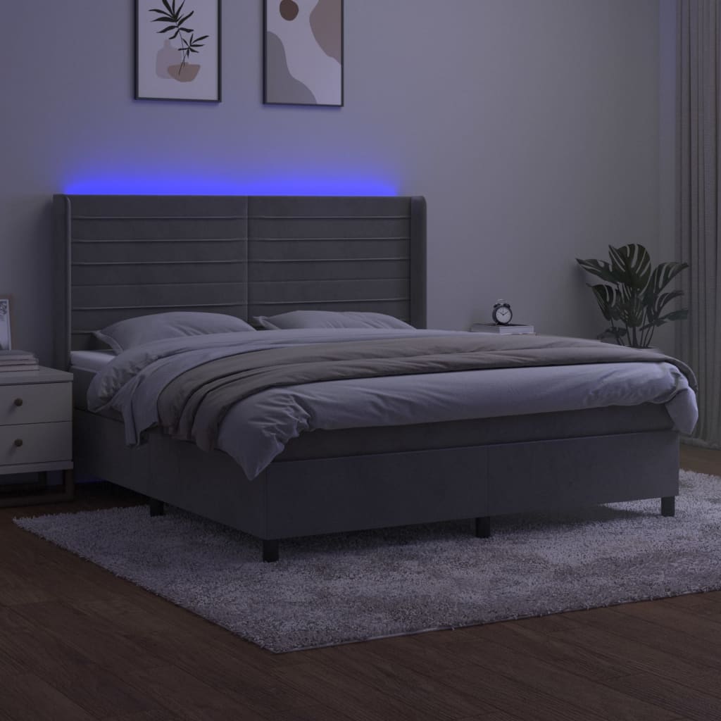 Boxspring Met Matras En Led Fluweel Lichtgrijs 180 x 200 cm Horizontale strepen