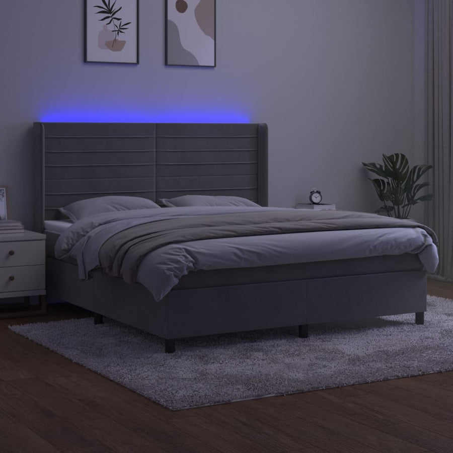 Boxspring Met Matras En Led Fluweel Lichtgrijs 180 x 200 cm Horizontale strepen