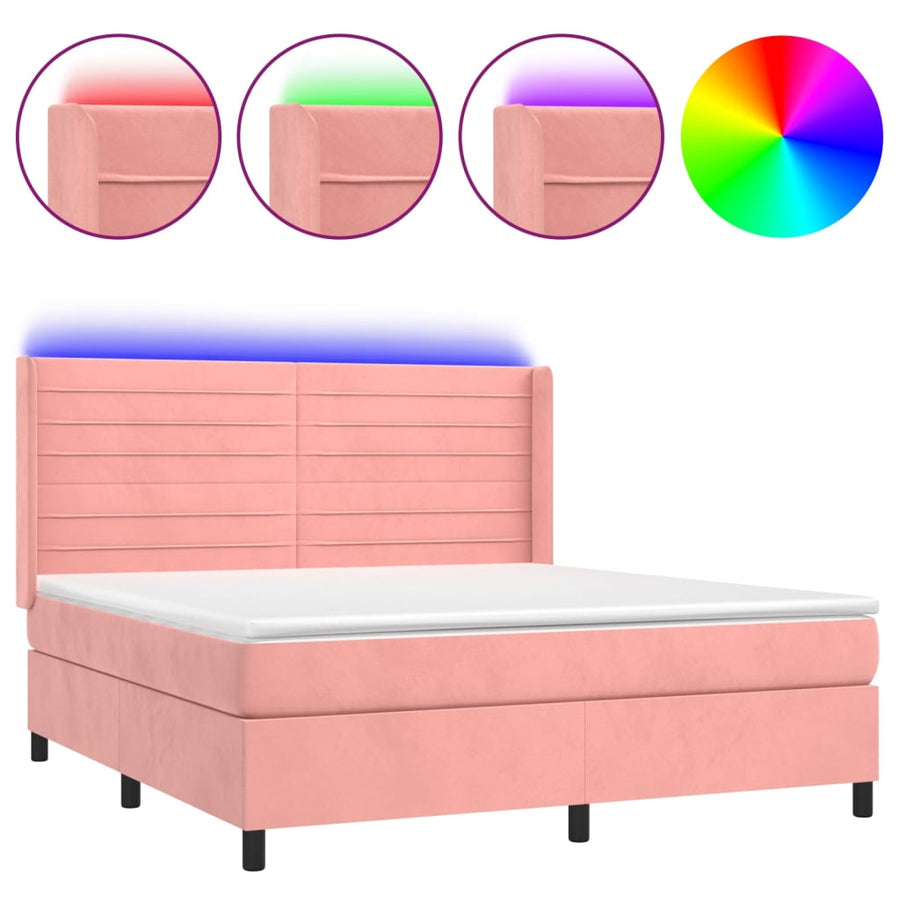 Boxspring Met Matras En Led Fluweel Roze 180 x 200 cm Horizontale strepen