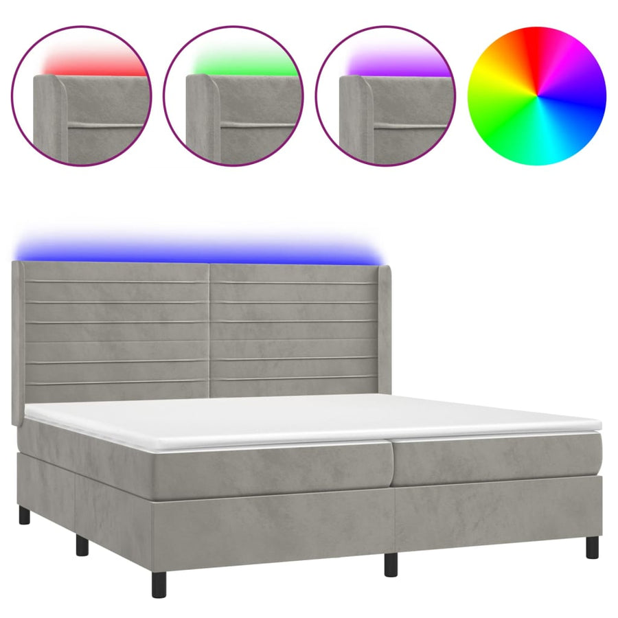 Boxspring Met Matras En Led Fluweel Lichtgrijs 200 x 200 cm Horizontale strepen