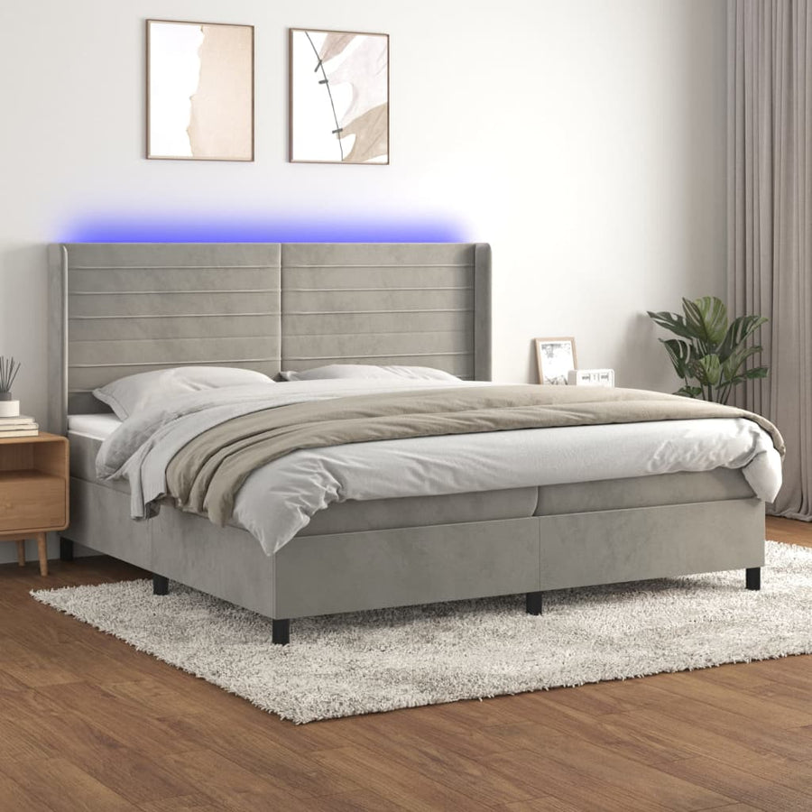 Boxspring Met Matras En Led Fluweel Lichtgrijs 200 x 200 cm Horizontale strepen