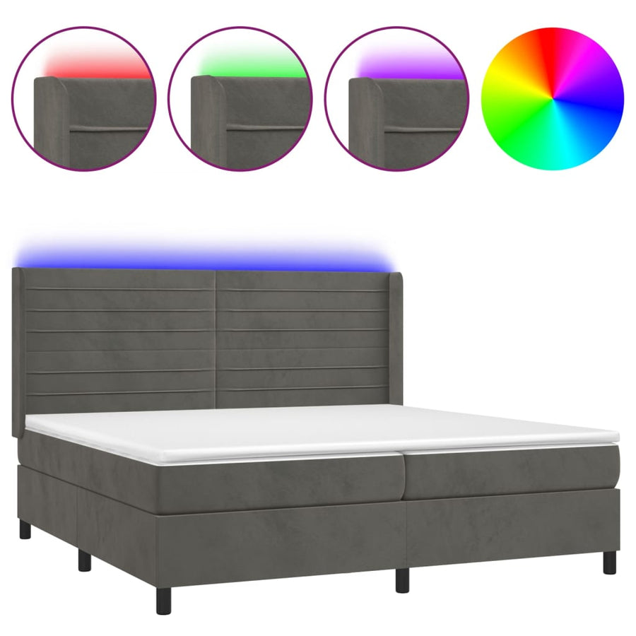 Boxspring Met Matras En Led Fluweel Donkergrijs 200 x 200 cm Horizontale strepen