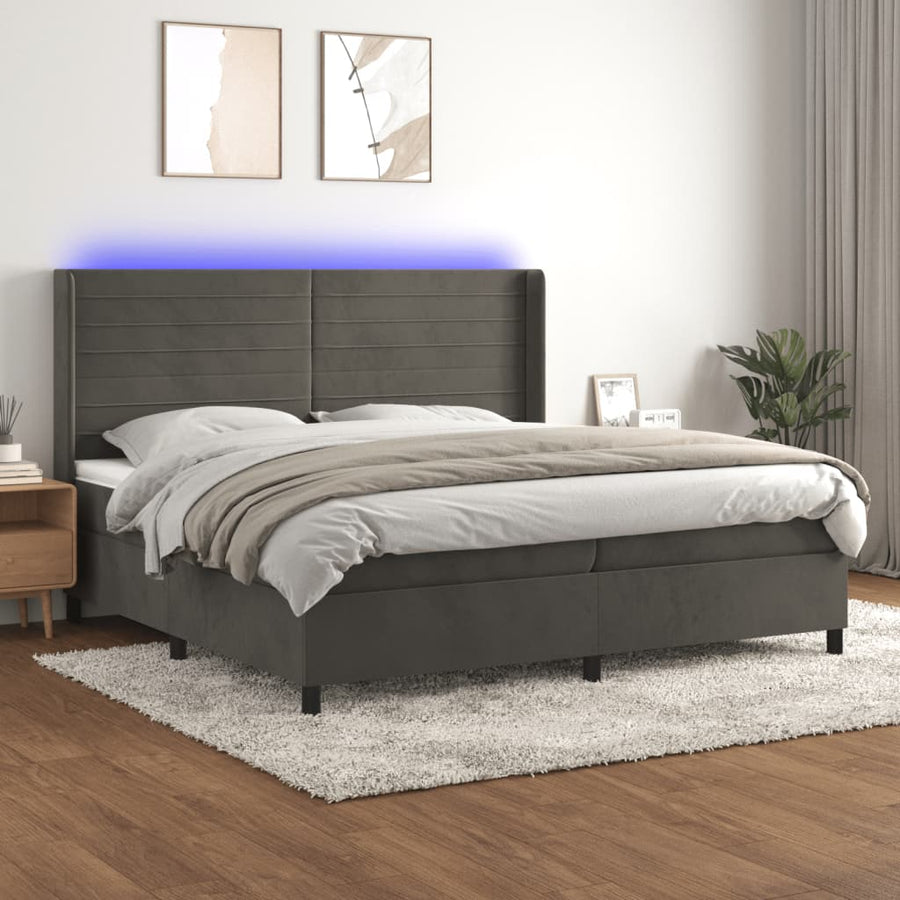 Boxspring Met Matras En Led Fluweel Donkergrijs 200 x 200 cm Horizontale strepen