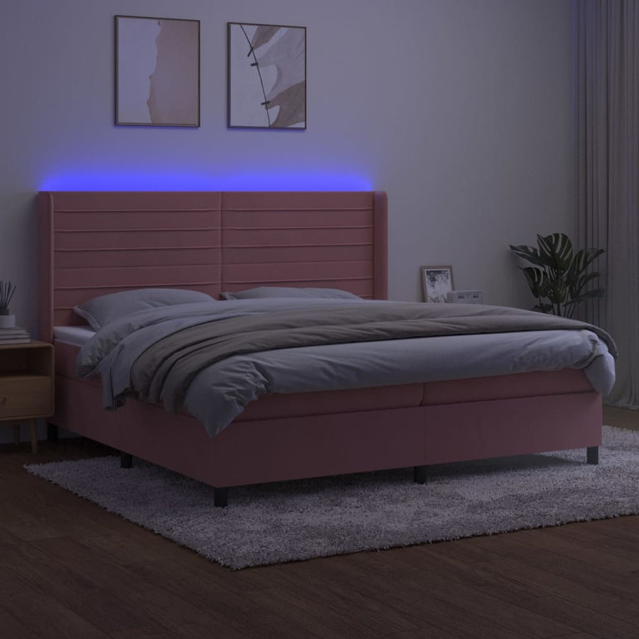 Boxspring Met Matras En Led Fluweel Roze 200 x 200 cm Horizontale strepen