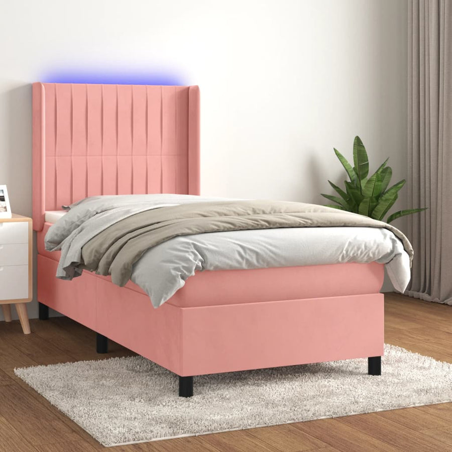 Boxspring Met Matras En Led Fluweel Roze 90 x 190 cm Verticale strepen