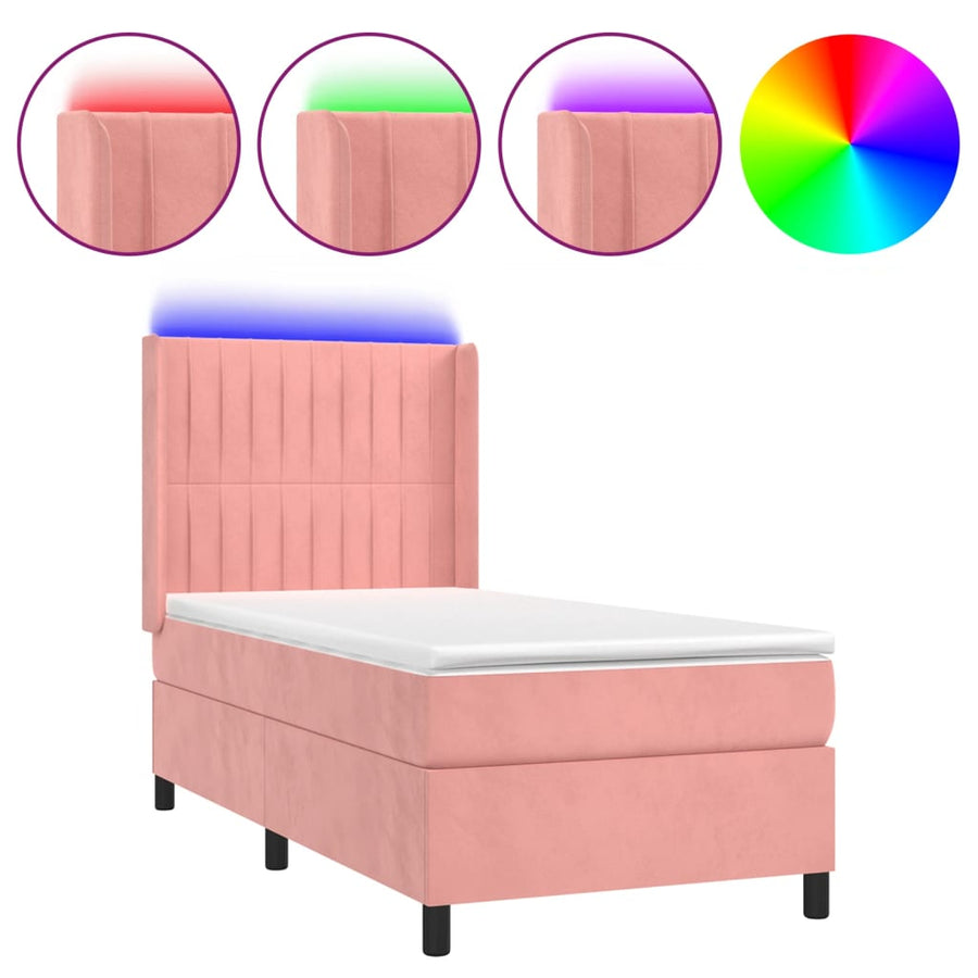 Boxspring Met Matras En Led Fluweel Roze 90 x 200 cm Verticale strepen