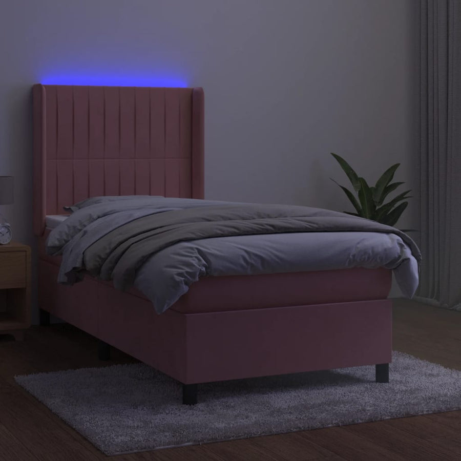 Boxspring Met Matras En Led Fluweel Roze 90 x 200 cm Verticale strepen