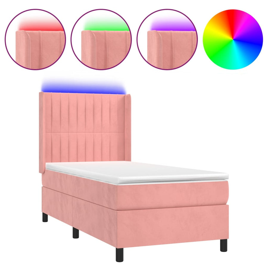 Boxspring Met Matras En Led Fluweel Roze 100 x 200 cm Verticale strepen