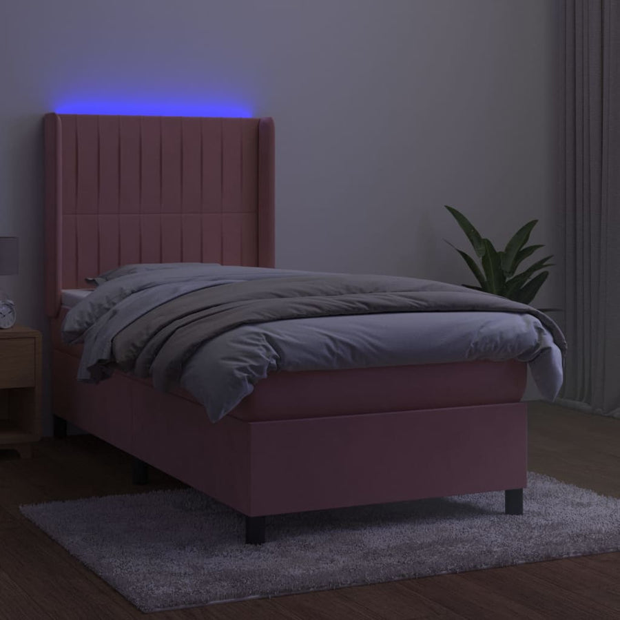 Boxspring Met Matras En Led Fluweel Roze 100 x 200 cm Verticale strepen