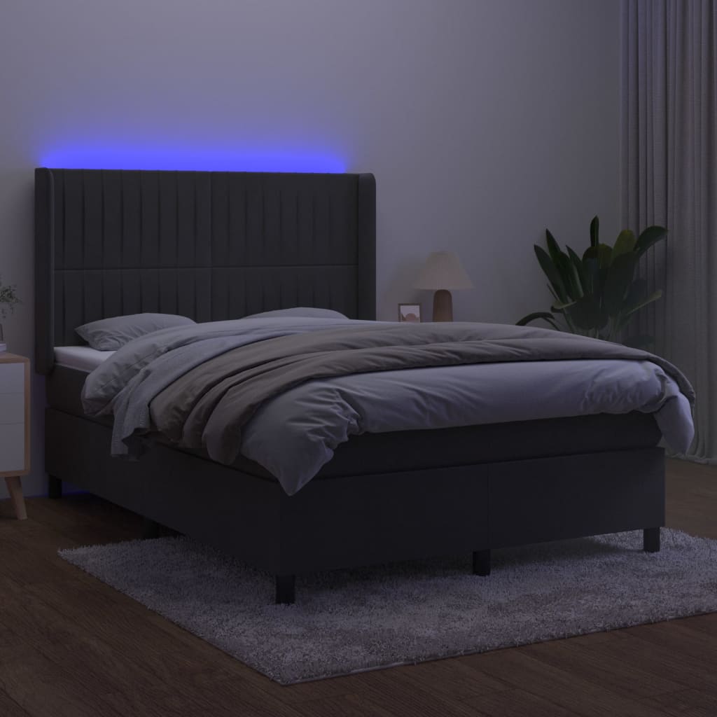 Boxspring Met Matras En Led Fluweel Donkergrijs 140 x 190 cm Verticale strepen
