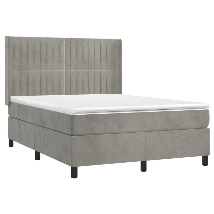 Boxspring Met Matras En Led Fluweel Lichtgrijs 140 x 200 cm Verticale strepen