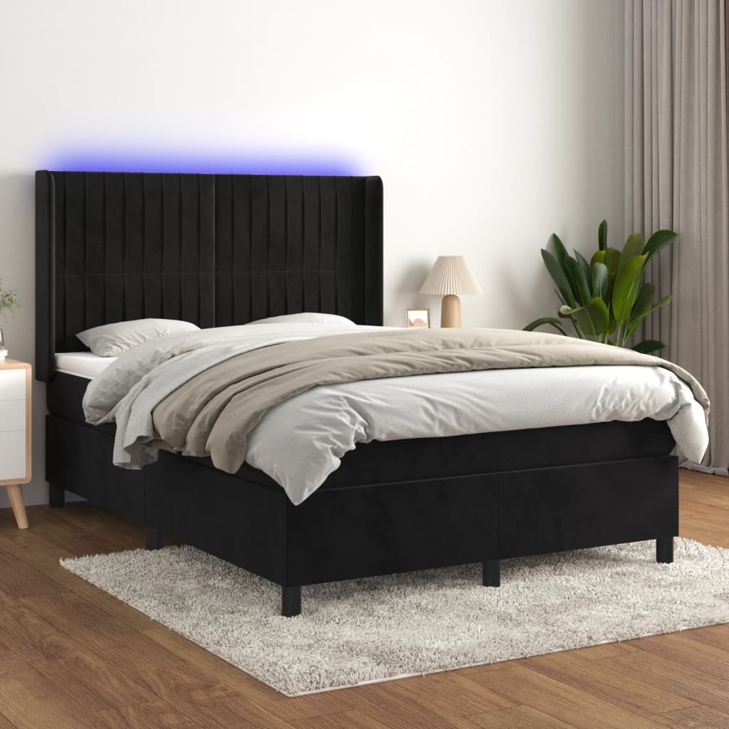 Boxspring Met Matras En Led Fluweel Zwart 140 x 200 cm Verticale strepen