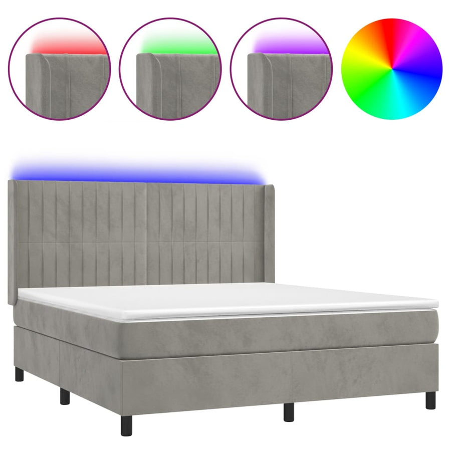 Boxspring Met Matras En Led Fluweel Lichtgrijs 160 x 200 cm Verticale strepen