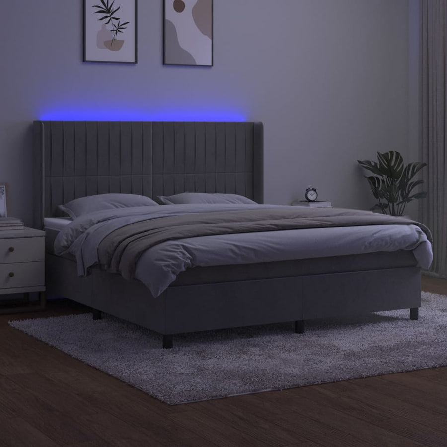 Boxspring Met Matras En Led Fluweel Lichtgrijs 160 x 200 cm Verticale strepen