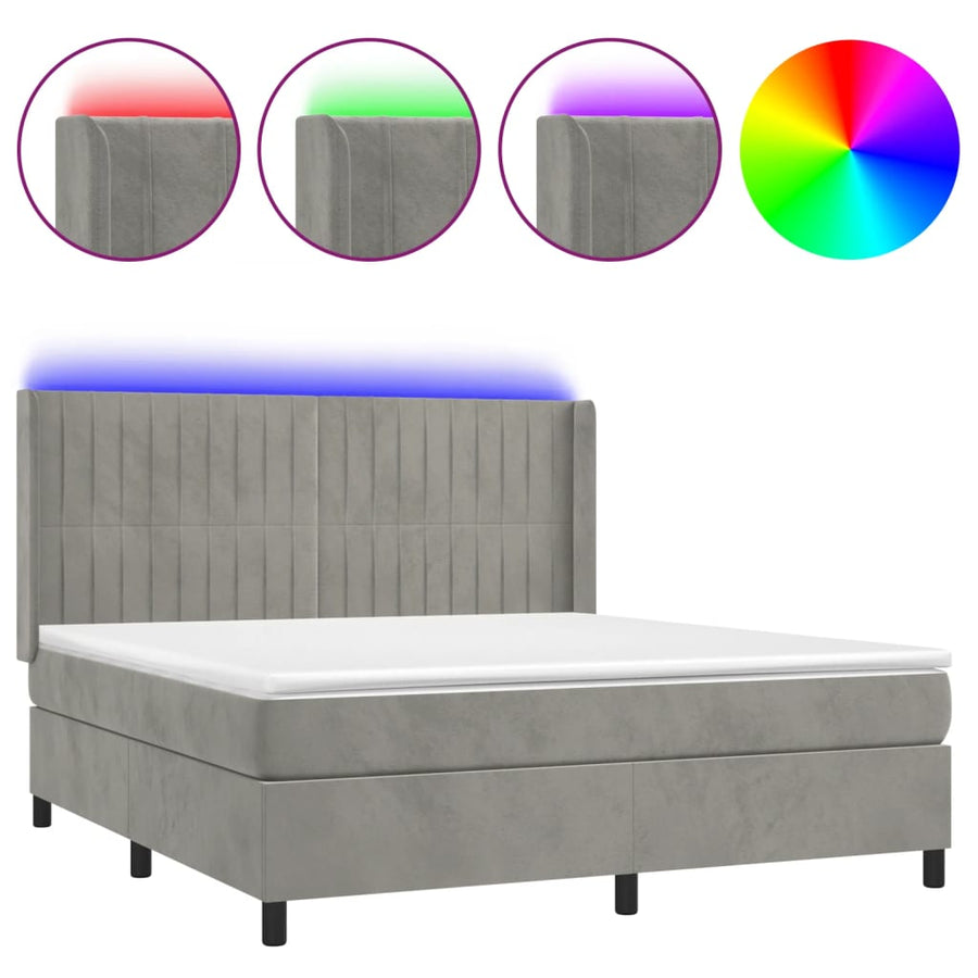 Boxspring Met Matras En Led Fluweel Lichtgrijs 180 x 200 cm Verticale strepen