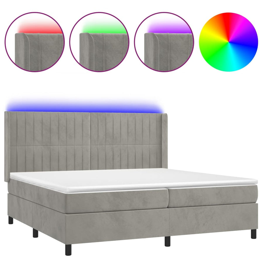 Boxspring Met Matras En Led Fluweel Lichtgrijs 200 x 200 cm Verticale strepen