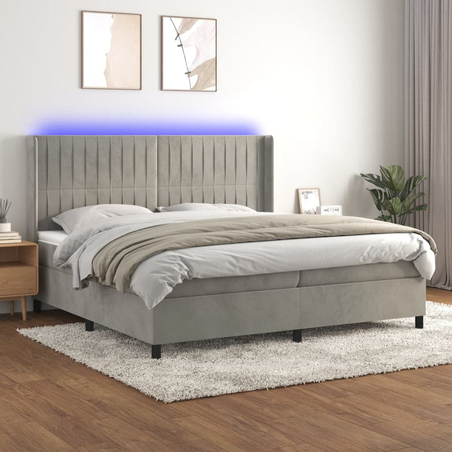Boxspring Met Matras En Led Fluweel Lichtgrijs 200 x 200 cm Verticale strepen