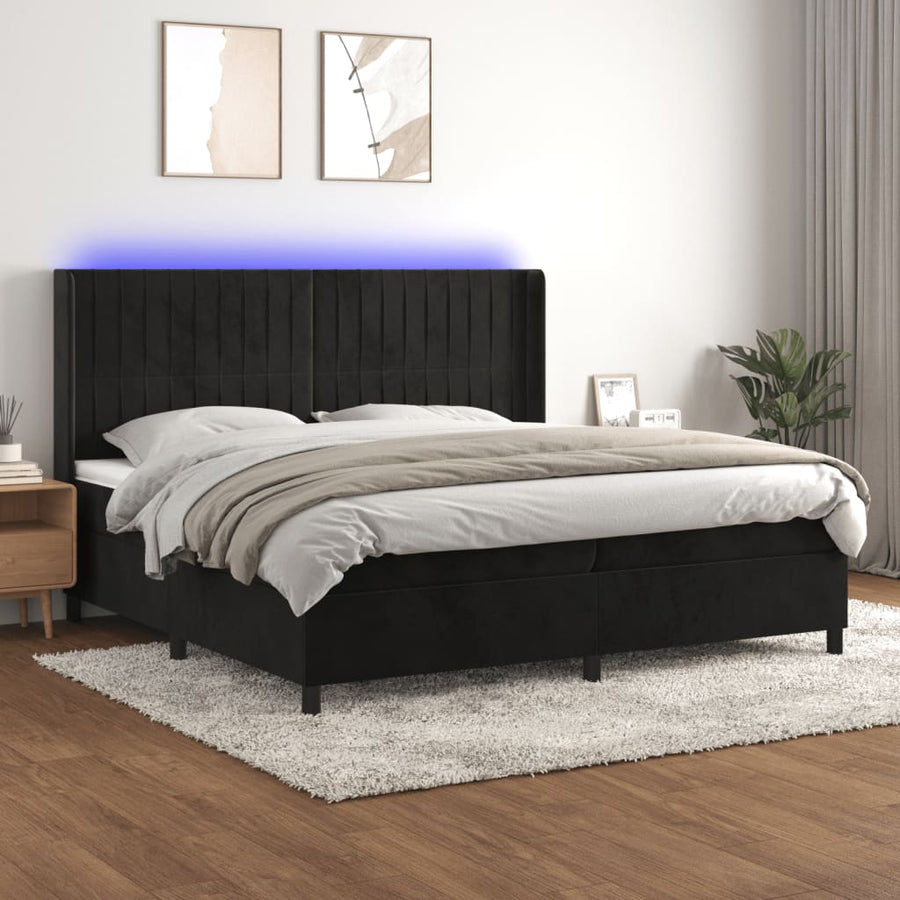 Boxspring Met Matras En Led Fluweel Zwart 200 x 200 cm Verticale strepen