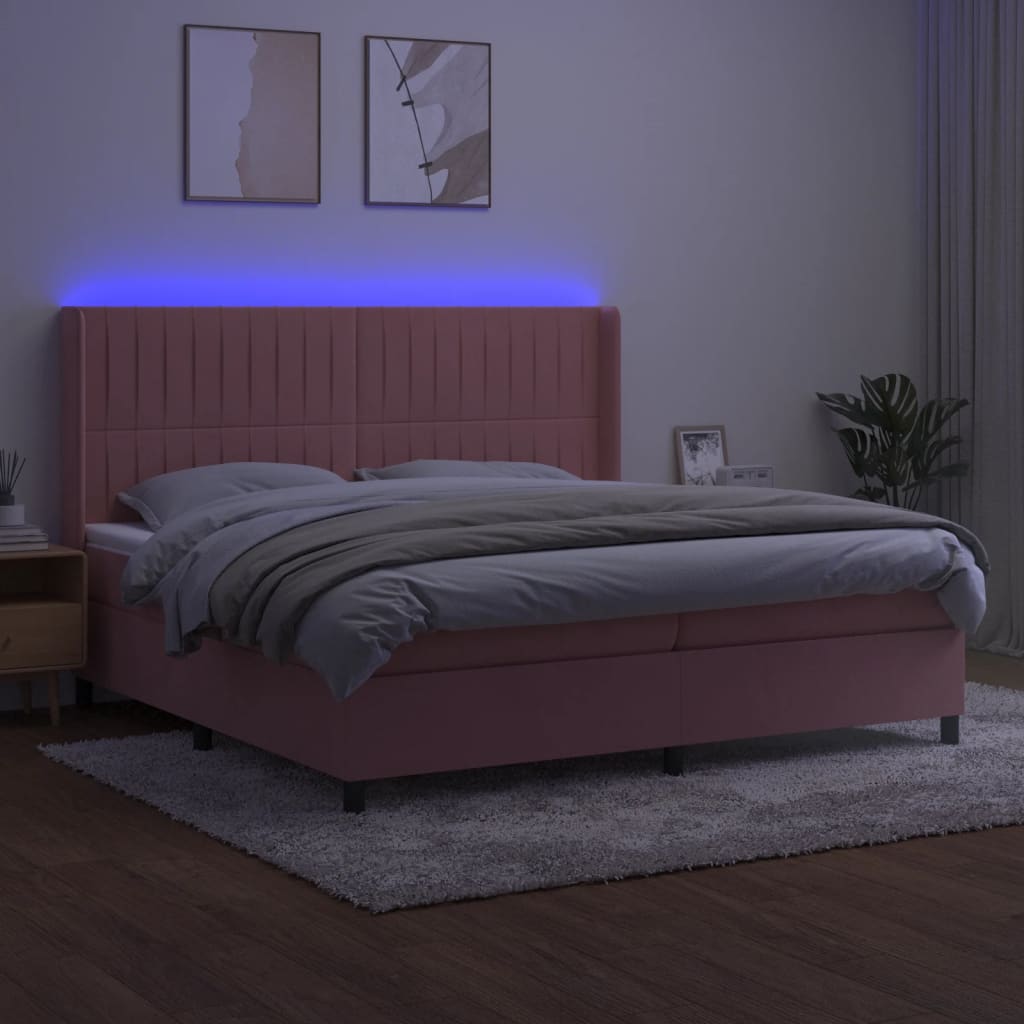 Boxspring Met Matras En Led Fluweel Roze 200 x 200 cm Verticale strepen